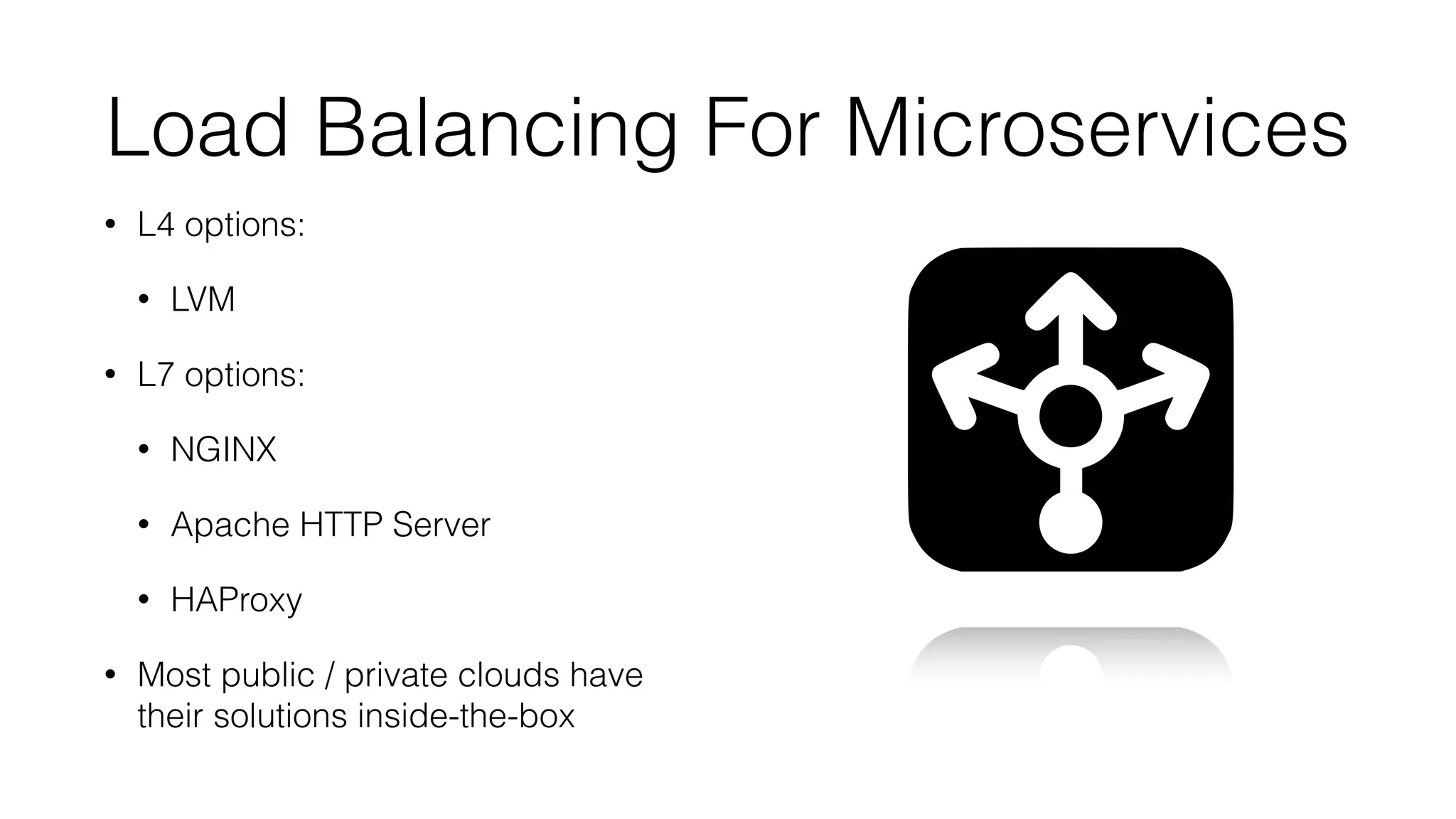 Load Balancing For Microservices
• L4 options:
• LVM
• L7 options:
• NGINX
• Apache HTTP Server
• HAProxy
• Most public / private clouds have
their solutions inside-the-box
 