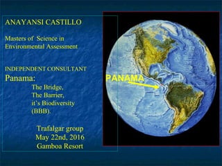 PANAMA
ANAYANSI CASTILLO
Masters of Science in
Environmental Assessment
INDEPENDENT CONSULTANT
Panama:
The Bridge,
The Barrier,
it’s Biodiversity
(BBB).
Trafalgar group
May 22nd, 2016
Gamboa Resort
 