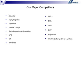  Schenker
 Agility Logistics
 Expeditors
 Kuehne + Nagel
 Raziq International / Panalpina
 UPS
 UTI
 Bin Qutab
Our Major Competitors
 WELL
 DHL
 SDV
 DSV
 Explolanka
 Worldwide Cargo (Seva Logistics)
 