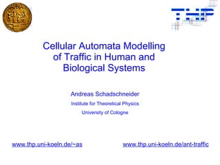 Cellular Automata Modelling of Traffic in Human and Biological Systems Andreas Schadschneider Institute for Theoretical Physics University of Cologne www.thp.uni-koeln.de/~as www.thp.uni-koeln.de/ant-traffic 