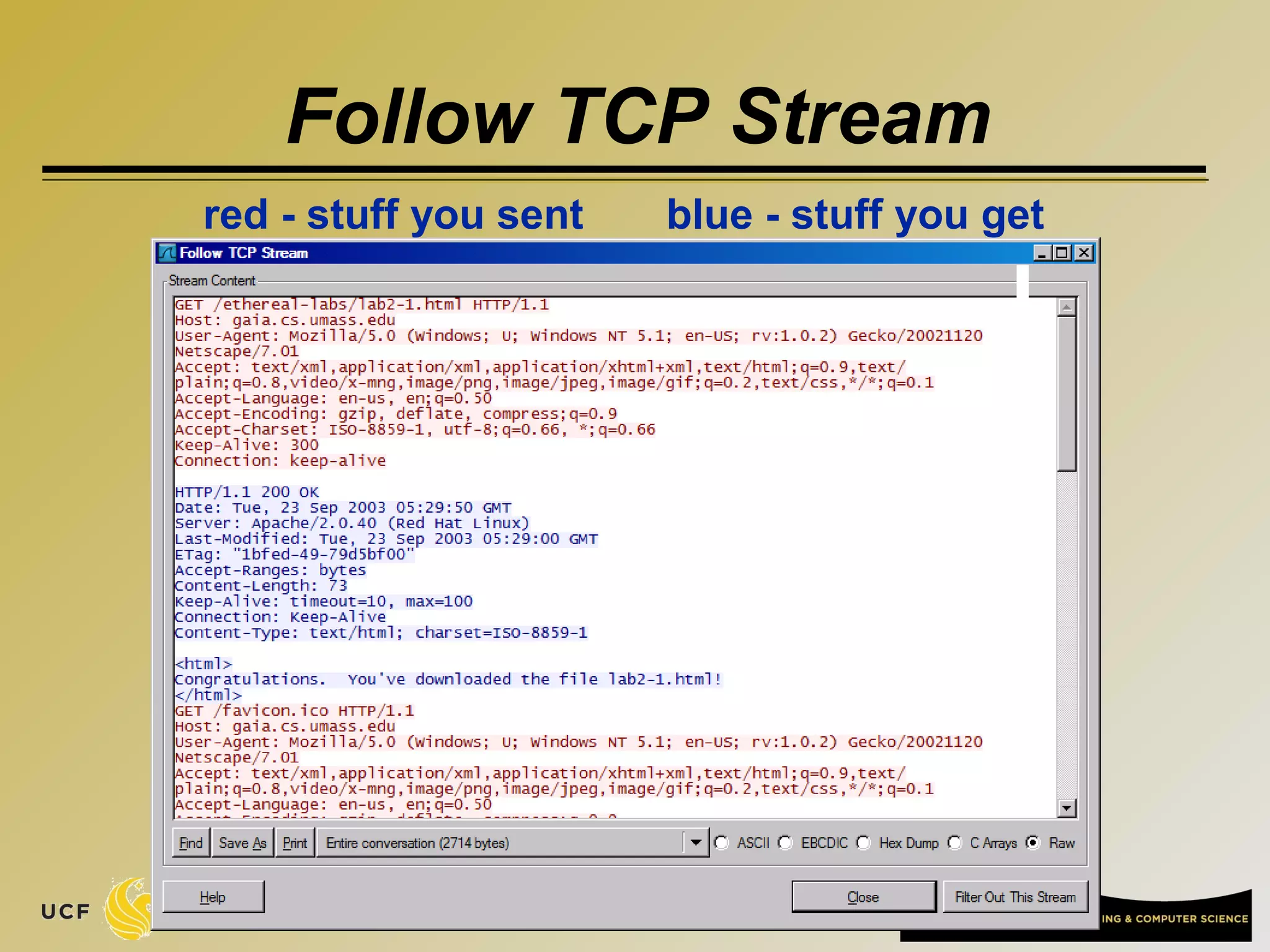 Follow TCP Stream
red - stuff you sent       blue - stuff you get
 