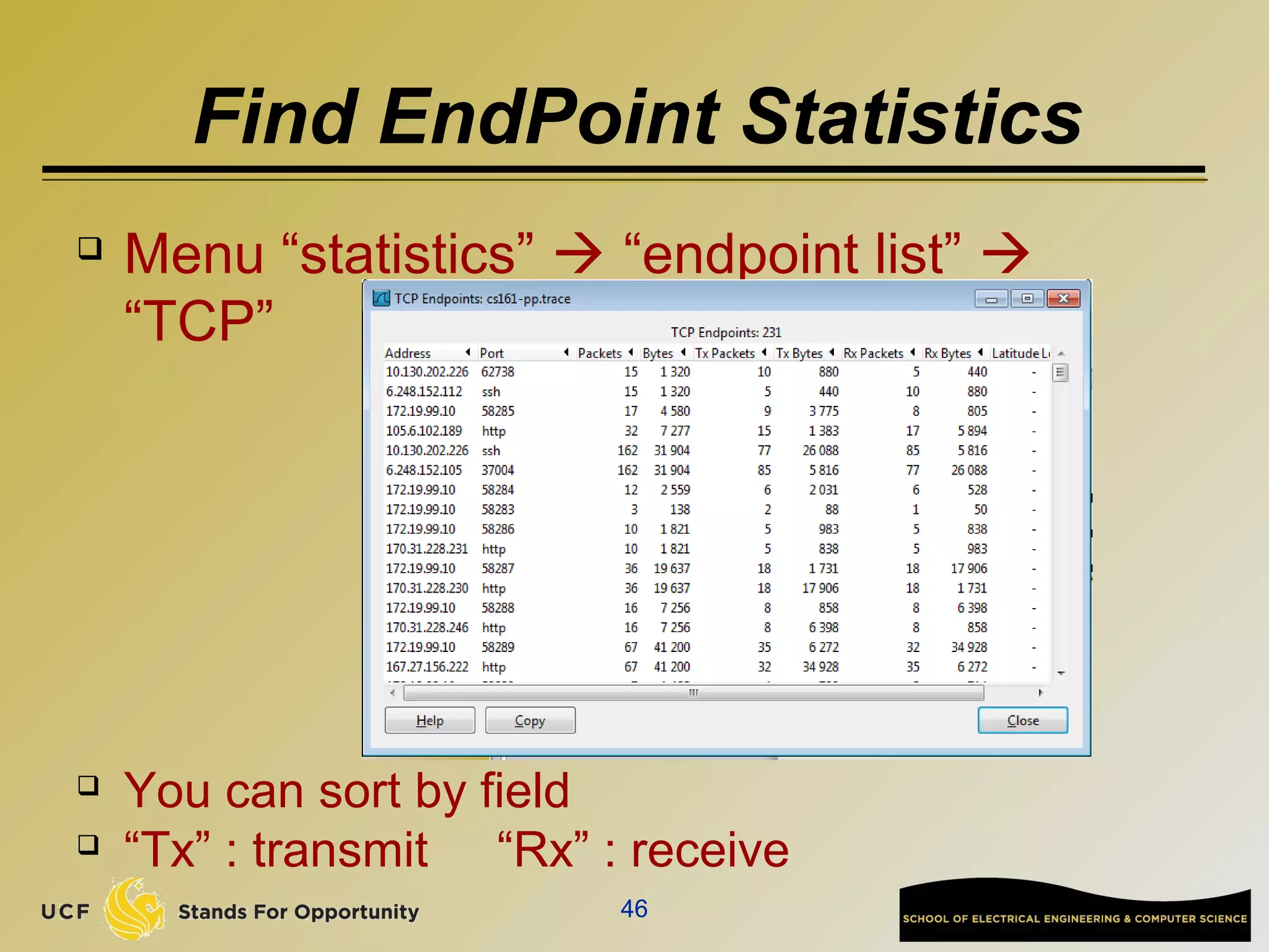 Find EndPoint Statistics
 Menu “statistics”  “endpoint list” 
“TCP”
 You can sort by field
 “Tx” : transmit “Rx” : receive
46
 