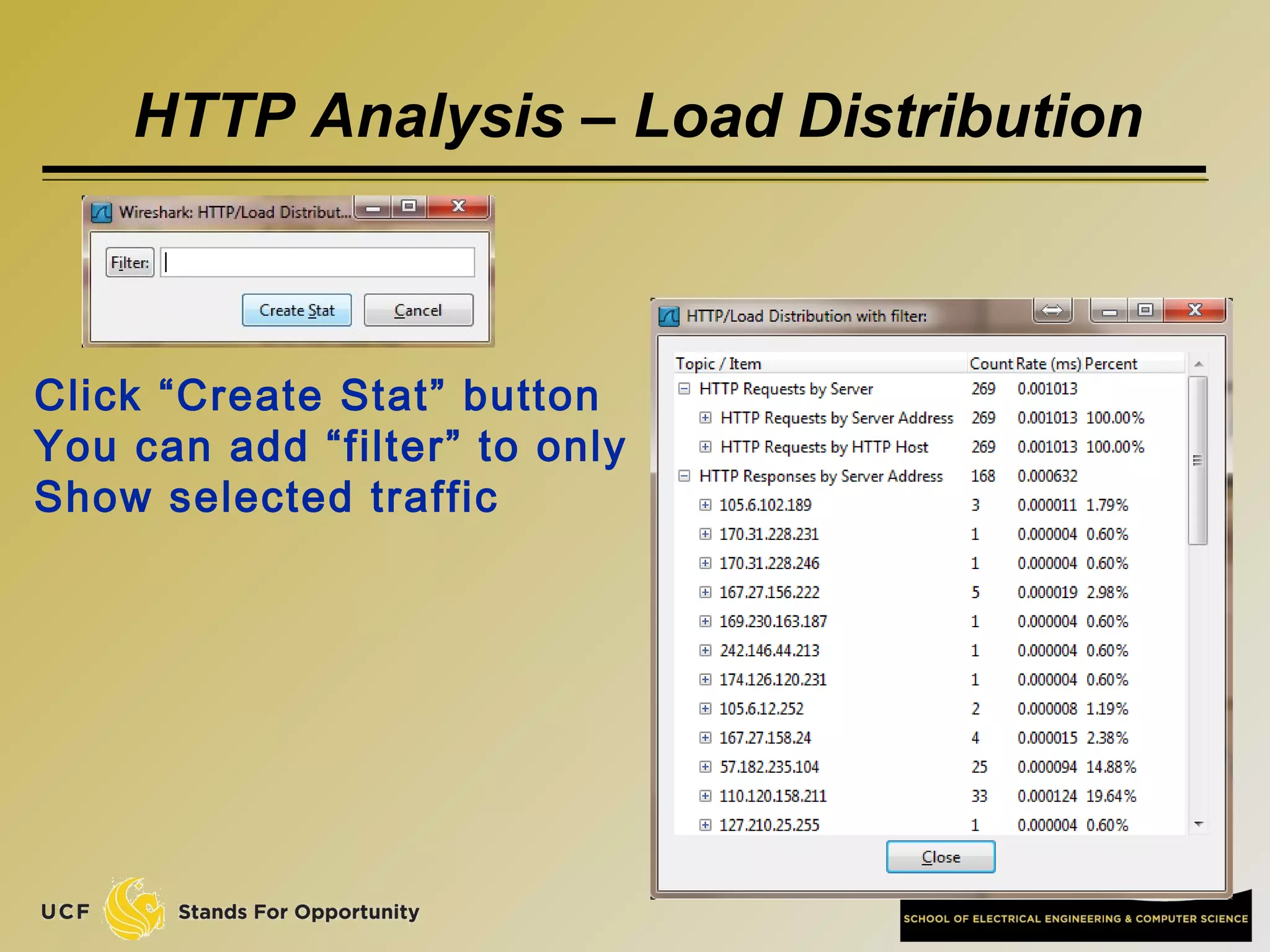 HTTP Analysis – Load Distribution
Click “Create Stat” button
You can add “filter” to only
Show selected traffic
 