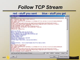Follow TCP Stream
red - stuff you sent blue - stuff you get
 