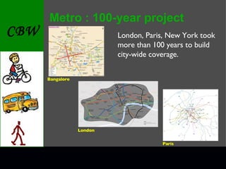 Metro : 100-year project Bangalore London Paris London, Paris, New York took more than 100 years to build city-wide coverage. 