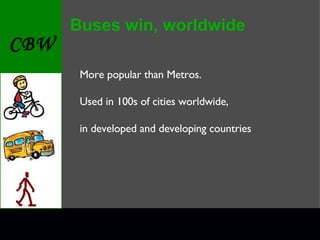 Buses win, worldwide More popular than Metros. Used in 100s of cities worldwide, in developed and developing countries 