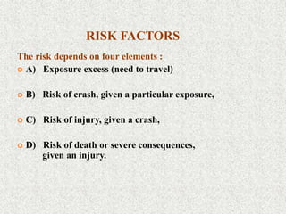 RISK FACTORS
The risk depends on four elements :
 A) Exposure excess (need to travel)
 B) Risk of crash, given a particular exposure,
 C) Risk of injury, given a crash,
 D) Risk of death or severe consequences,
given an injury.
 
