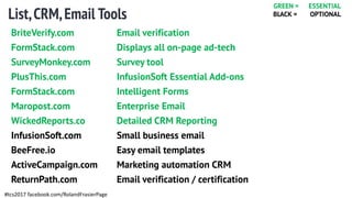 List,CRM,Email Tools
#tcs2017 facebook.com/RolandFrasierPage
BriteVerify.com Email verification
FormStack.com Displays all...
