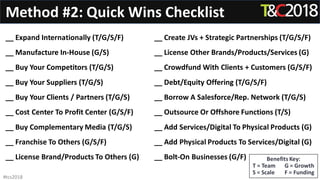 __ Expand Internationally (T/G/S/F)
__ Manufacture In-House (G/S)
__ Buy Your Competitors (T/G/S)
__ Buy Your Suppliers (T/G/S)
__ Buy Your Clients / Partners (T/G/S)
__ Cost Center To Profit Center (G/S/F)
__ Buy Complementary Media (T/G/S)
__ Franchise To Others (G/S/F)
__ License Brand/Products To Others (G)
__ Create JVs + Strategic Partnerships (T/G/S/F)
__ License Other Brands/Products/Services (G)
__ Crowdfund With Clients + Customers (G/S/F)
__ Debt/Equity Offering (T/G/S/F)
__ Borrow A Salesforce/Rep. Network (T/G/S)
__ Outsource Or Offshore Functions (T/S)
__ Add Services/Digital To Physical Products (G)
__ Add Physical Products To Services/Digital (G)
__ Bolt-On Businesses (G/F) Benefits Key:
T = Team G = Growth
S = Scale F = Funding
Method #2: Quick Wins Checklist
#tcs2018
 