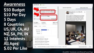 #tcs2018 Facebook.com/RolandFrasierPage
Awareness
$50 Budget
$10 Per Day
5 Days
8 Countries
US, UK, CA,AU
NZ, SA, PH, IN
11 Interests
All Ages
$.02 Per Like
 