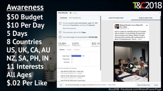 #tcs2018 Facebook.com/RolandFrasierPage
Awareness
$50 Budget
$10 Per Day
5 Days
8 Countries
US, UK, CA,AU
NZ, SA, PH, IN
11 Interests
All Ages
$.02 Per Like
 