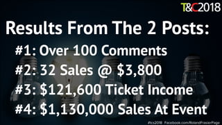 #tcs2018 Facebook.com/RolandFrasierPage
Results From The 2 Posts:
#1: Over 100 Comments
#2: 32 Sales @ $3,800
#3: $121,600 Ticket Income
#4: $1,130,000 Sales At Event
 