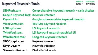 Keyword Research Tools
SEMRush.com Comprehensive keyword research + rank checker
Google Keyword Tool: Keyword research
Keyword.io: Google auto-complete Keyword research
VideoCents.com YouTube keyword research
LSIGraph.com: LSI keyword research
TwinWord.com: LSI keyword research graphical UI
WordTracker.com: Long-tail keyword research
SEOCockpit.com: Keyword research
Keys4Up.com Keyword research
Semantic-Link.com: Find related words
GREEN = ESSENTIAL
BLACK = OPTIONAL
 