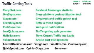 Traffic-Getting Tools
ManyChat.com: Facebook Messenger chatbots
OneSignal.com Cross-platform push notification tool
Gleam.com: Giveaways and traffic growth tool
FriendBuy.com: Refer-a-friend engine
PushCrew.com: Web-push notifications
LeadQuizzes.com Traffic-getting quiz generator
HelloBar.com: Turns Organic Traffic Into Leads
YoRocket.com: Article post title optimizer
ContestDomination.com Votigo.com WooBox.com ViralSweep.com
QuickSprout.com OpinionStage.com Sumo.com
GREEN = ESSENTIAL
BLACK = OPTIONAL
 
