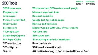 SEO Tools
SEOPressor.com Wordpress post SEO content coach plugin
Pingdom.com Measure page load time
Ahrefs.com Research backlinks
Mobile Friendly Test Google test for mobile pages
Rmoove.com Remove bad backlinks
Slerpee.com Display Google SERP view of your website
YTCockpit.com YouTube SEO
ScreamingFrog.com SEO spider tool
WP Super Cache Site caching plug-in for Wordpress
SEOMonitor.com Rank checker, etc.
SEObility.com: SEO based site optimization
Tend.io Attribution tracking to find where traffic came from
GREEN = ESSENTIAL
BLACK = OPTIONAL
 