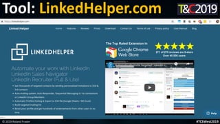 This is a sample of bold
text on a full color slide.
This is good for quotes, stats,
dividers,etc.
Tool: LinkedHelper.com
© 2019 Roland Frasier #TCSWest2019
 