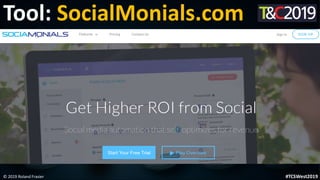 This is a sample of bold
text on a full color slide.
This is good for quotes, stats,
dividers,etc.
Tool: SocialMonials.com
© 2019 Roland Frasier #TCSWest2019
 