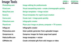 Image Tools
PhotoShop.com Image editing for professionals
Flixel.com Visual storytelling tools + create cinemographs quickly
RelayThat.com Design templates + image resizer
Easel.ly Visual templates for rapid visual creation
Canva.com Create text + image posts quickly
Piktochart.com Infographic creator
Placeit.net Place your image on phone, computer + TV screens
Infogr.am Infographic creator
Pictaculous.com Color palette generator from uploaded images
Compressor.io Compress images for faster page load speed
Pablo.buffer.com Image templates + resizer
GifMaker.me Create animated gifs from still images or video
GREEN = ESSENTIAL
BLACK = OPTIONAL
 