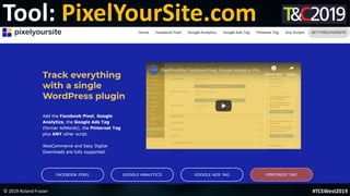 This is a sample of bold
text on a full color slide.
This is good for quotes, stats,
dividers,etc.
© 2019 Roland Frasier #TCSWest2019
Tool: PixelYourSite.com
 