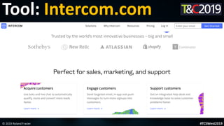 This is a sample of bold
text on a full color slide.
This is good for quotes, stats,
dividers,etc.
Tool: Intercom.com
© 2019 Roland Frasier #TCSWest2019
 