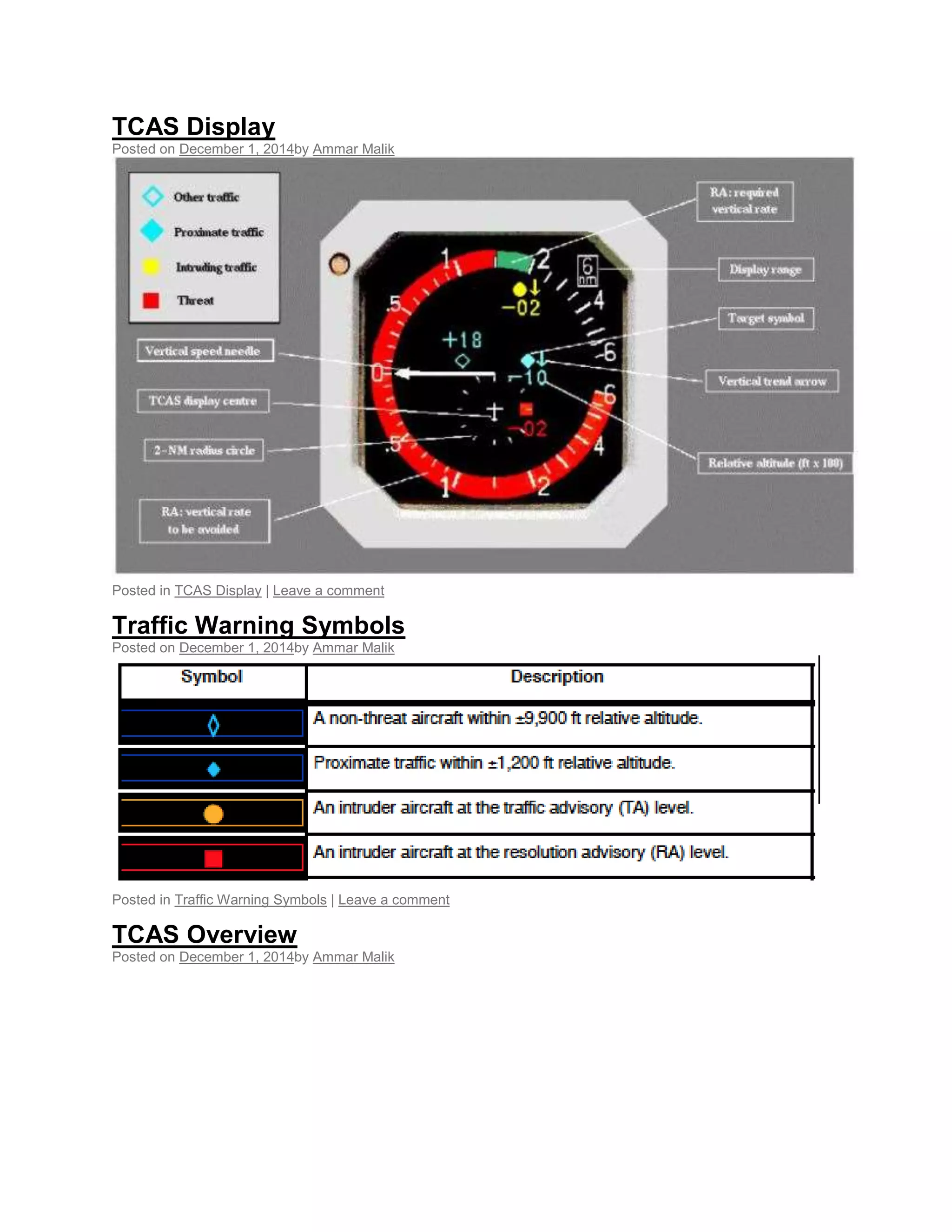 TCAS Display
Posted on December 1, 2014by Ammar Malik
Posted in TCAS Display | Leave a comment
Traffic Warning Symbols
Posted on December 1, 2014by Ammar Malik
Posted in Traffic Warning Symbols | Leave a comment
TCAS Overview
Posted on December 1, 2014by Ammar Malik
 