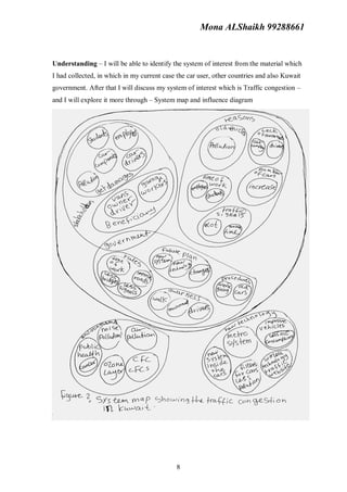 Mona ALShaikh 99288661


Understanding – I will be able to identify the system of interest from the material which
I had collected, in which in my current case the car user, other countries and also Kuwait
government. After that I will discuss my system of interest which is Traffic congestion –
and I will explore it more through – System map and influence diagram




                                             8
 