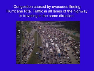 Congestion caused by evacuees fleeing Hurricane Rita. Traffic in all lanes of the highway is traveling in the same direction.