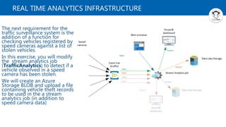 REAL TIME ANALYTICS INFRASTRUCTURE
The next requirement for the
traffic surveillance system is the
addition of a function for
checking vehicles registered by
speed cameras against a list of
stolen vehicles.
In this exercise, you will modify
the stream analytics job
(TrafficAnalytics) to detect if a
vehicle observed in a speed
camera has been stolen.
We will create an Azure
Storage BLOB and upload a file
containing vehicle theft records
to be used in the a stream
analytics job (in addition to
speed camera data)
 