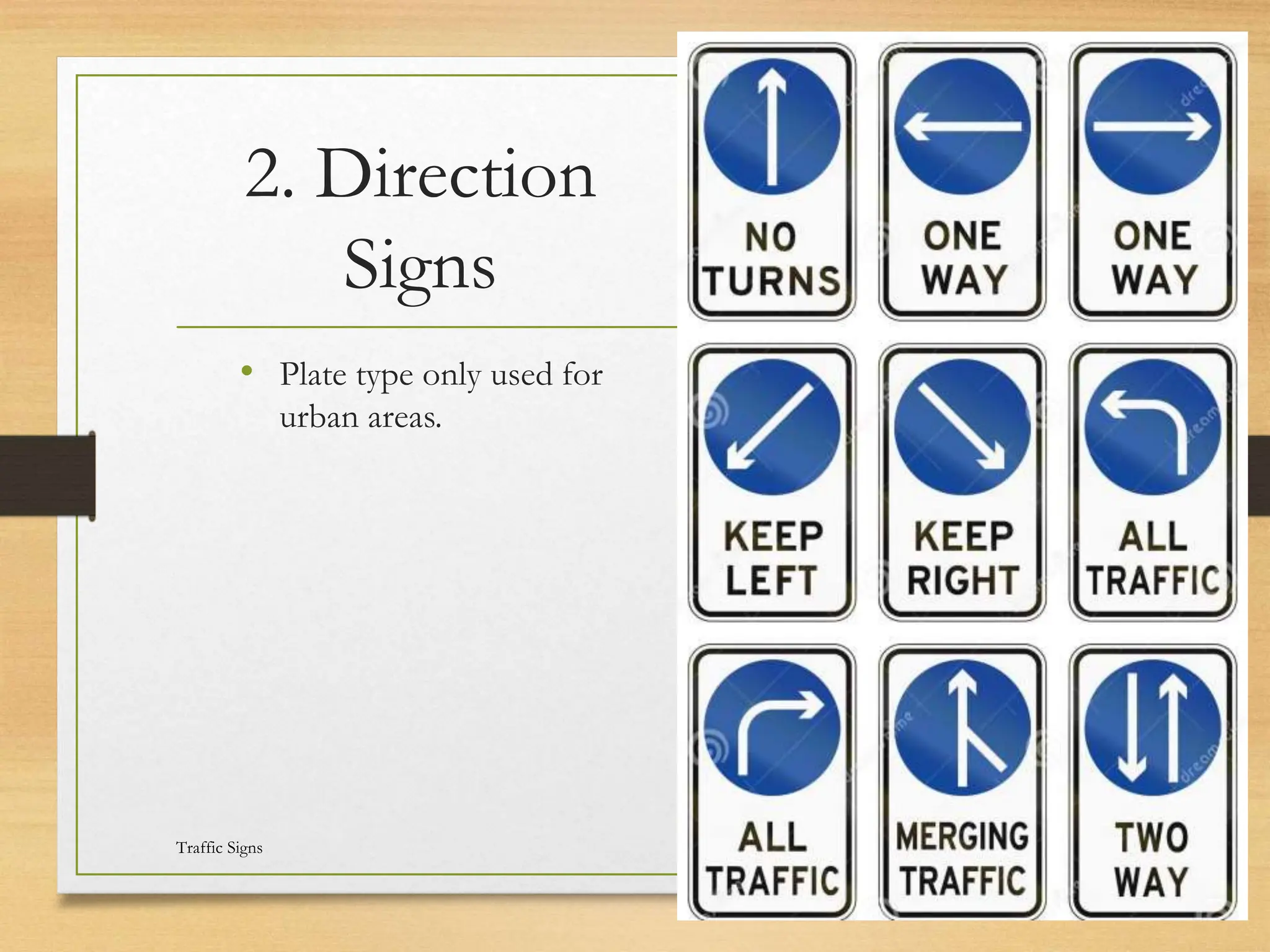 2. Direction
Signs
• Plate type only used for
urban areas.
20080821
Traffic Signs
30
/
21
 