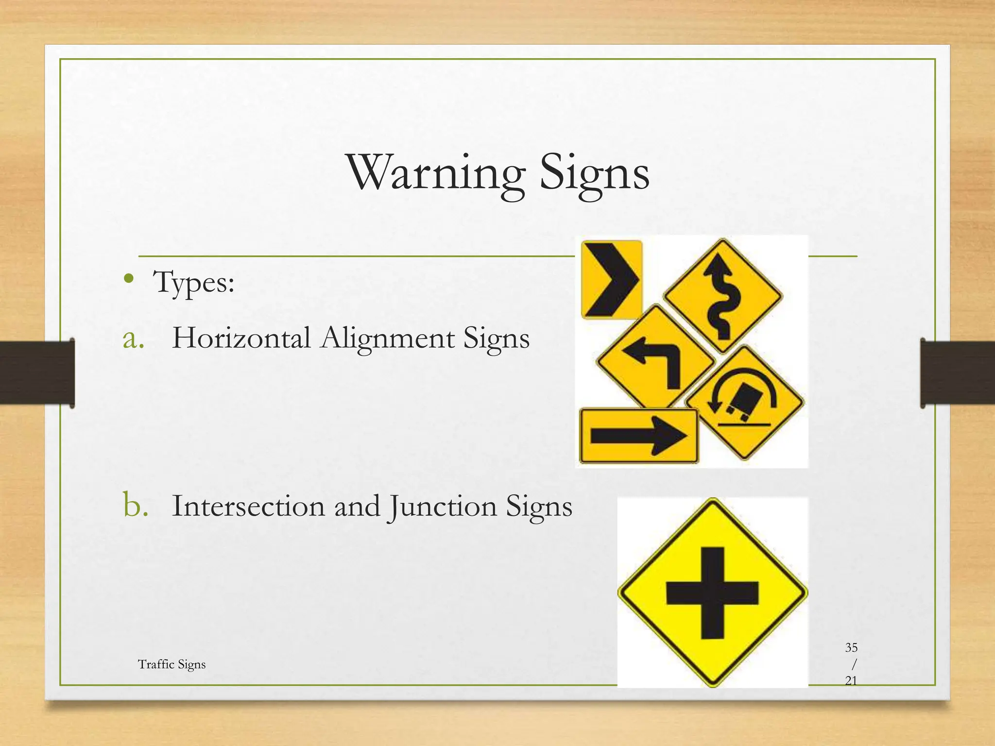Warning Signs
• Types:
a. Horizontal Alignment Signs
b. Intersection and Junction Signs
20080821
Traffic Signs
35
/
21
 
