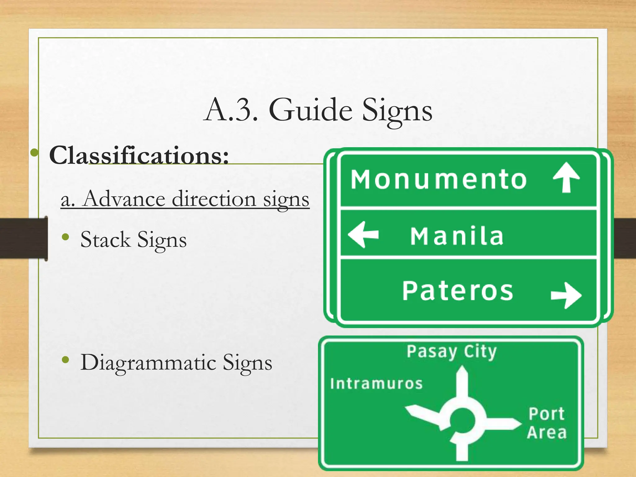 A.3. Guide Signs
• Classifications:
a. Advance direction signs
• Stack Signs
• Diagrammatic Signs
20080821
45
/
21
 
