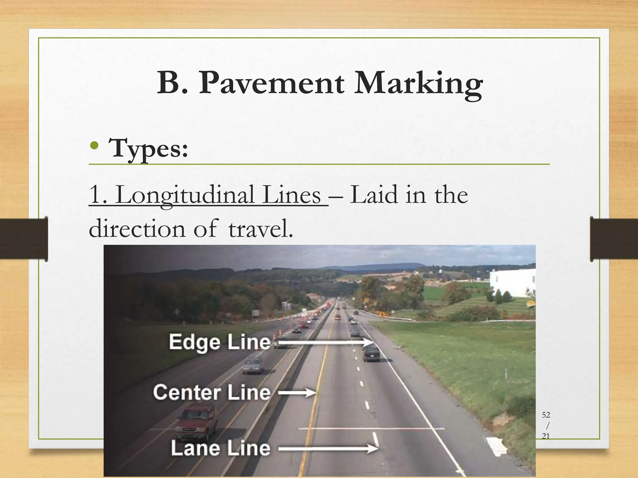 B. Pavement Marking
• Types:
1. Longitudinal Lines – Laid in the
direction of travel.
20080821
52
/
21
 