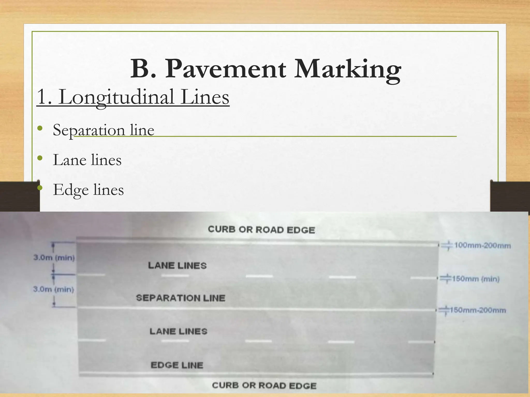 B. Pavement Marking
1. Longitudinal Lines
• Separation line
• Lane lines
• Edge lines
20080821
54
/
21
 
