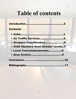Table of contents
Introduction……………………………………….2
Contents
ICAO…………………………………………….3
Air Traffic Services………………………..4
Airspace Classification…………………..6
ICAO Standard Semi-Circular Levels..7
Local Control(Aerodrome)…………….8
Area Control………………………………..9
Conclusion………………………………………….10
Bibliography………………………………………..11

1

 