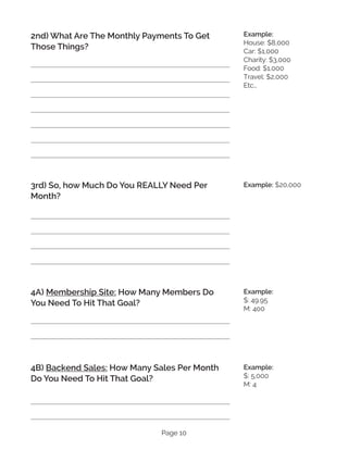 Page 10
2nd) What Are The Monthly Payments To Get
Those Things?
3rd) So, how Much Do You REALLY Need Per
Month?
4A) Membership Site: How Many Members Do
You Need To Hit That Goal?
4B) Backend Sales: How Many Sales Per Month
Do You Need To Hit That Goal?
Example:
House: $8,000
Car: $1,000
Charity: $3,000
Food: $1,000
Travel: $2,000
Etc…
Example: $20,000
Example:
$: 49.95
M: 400
Example:
$: 5,000
M: 4
 