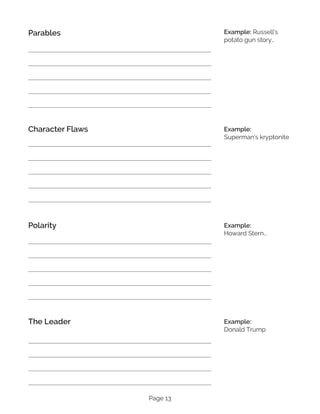 Page 13
Parables
Character Flaws
Polarity
The Leader
Example: Russell’s
potato gun story…
Example:
Superman’s kryptonite
Example:
Howard Stern…
Example:
Donald Trump
 