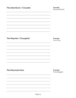 Page 14
The Adventurer / Crusader
The Reporter / Evangelist
The Reluctant Hero
Example:
Richard Branson
Example:
Larry King
Example:
Frodo Baggins
 