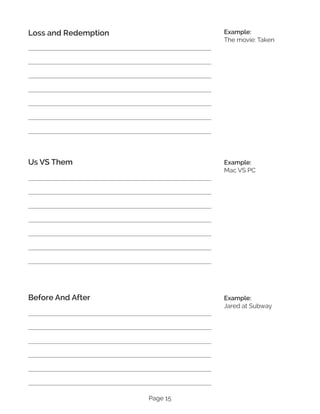 Page 15
Loss and Redemption
Us VS Them
Before And After
Example:
The movie: Taken
Example:
Mac VS PC
Example:
Jared at Subway
 