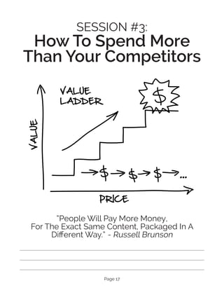 Page 17
SESSION #3:
How To Spend More
Than Your Competitors
“People Will Pay More Money,
For The Exact Same Content, Packaged In A
Different Way.” - Russell Brunson
 