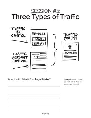 Page 23
SESSION #4:
Three Types of Traffic
Question #1) Who Is Your Target Market? Example: Julie, 42 year
old with 2 kids (find pic
on google images)
 