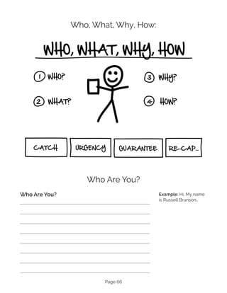 Page 66
Who, What, Why, How:
Who Are You?
Who Are You? Example: Hi, My name
is Russell Brunson…
 