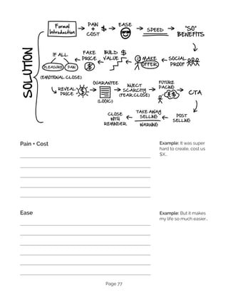 Page 77
Pain + Cost
Ease
Example: It was super
hard to create, cost us
$X…
Example: But it makes
my life so much easier…
 