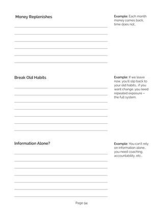 Page 94
Money Replenishes
Break Old Habits
Information Alone?
Example: Each month
money comes back,
time does not…
Example: If we leave
now, you’ll slip back to
your old habits… if you
want change, you need
repeated exposure –
the full system.
Example: You can’t rely
on information alone…
you need coaching,
accountability, etc…
 