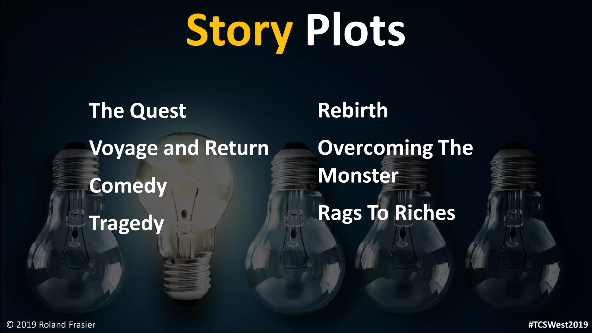 Story Plots
© 2019 Roland Frasier
The Quest
Voyage and Return
Comedy
Tragedy
Rebirth
Overcoming The
Monster
Rags To Riches
#TCSWest2019
 