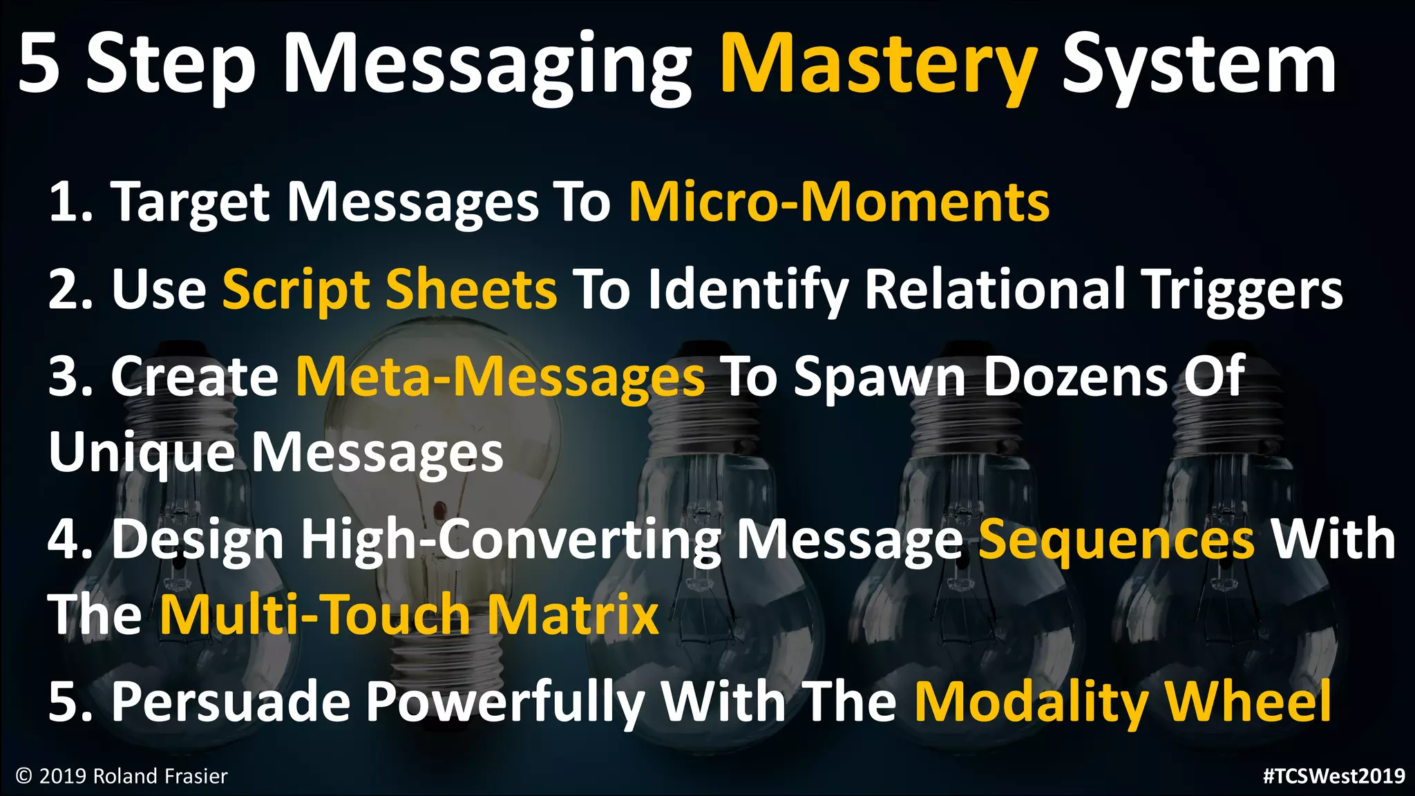 1. Target Messages To Micro-Moments
2. Use Script Sheets To Identify Relational Triggers
3. Create Meta-Messages To Spawn Dozens Of
Unique Messages
4. Design High-Converting Message Sequences With
The Multi-Touch Matrix
5. Persuade Powerfully With The Modality Wheel
© 2019 Roland Frasier
5 Step Messaging Mastery System
#TCSWest2019
 