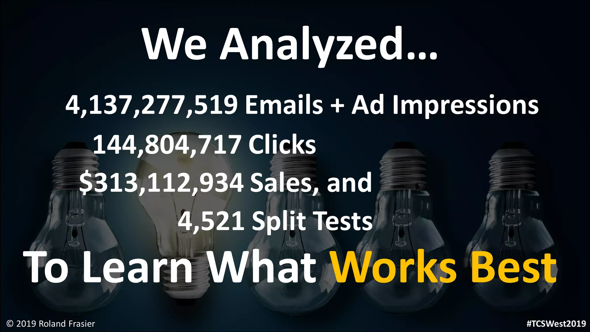 We Analyzed…
4,137,277,519 Emails + Ad Impressions
144,804,717 Clicks
$313,112,934 Sales, and
4,521 Split Tests
To Learn What Works Best
© 2019 Roland Frasier #TCSWest2019
 