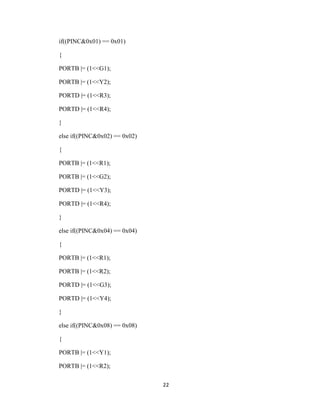 22
if((PINC&0x01) == 0x01)
{
PORTB |= (1<<G1);
PORTB |= (1<<Y2);
PORTD |= (1<<R3);
PORTD |= (1<<R4);
}
else if((PINC&0x02) == 0x02)
{
PORTB |= (1<<R1);
PORTB |= (1<<G2);
PORTD |= (1<<Y3);
PORTD |= (1<<R4);
}
else if((PINC&0x04) == 0x04)
{
PORTB |= (1<<R1);
PORTB |= (1<<R2);
PORTD |= (1<<G3);
PORTD |= (1<<Y4);
}
else if((PINC&0x08) == 0x08)
{
PORTB |= (1<<Y1);
PORTB |= (1<<R2);
 