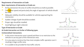 Requirements of Intersection at Grade
Basic requirements of Intersection at Grade are:
◉ At the intersection the area of conflict should be as small as possible.
◉ The relative speed and particularly the angle of approach of vehicle should
be small.
◉ Adequate visibility should be available for vehicles approaching the
intersection
◉ Sudden change of path should be avoided.
◉ Proper sign should be installed.
◉ Good lighting at night is desired.
Type of Intersection at Grade
At Grade Intersection are further of following types.
Unchannelized Intersections
◉ In this entire intersection area is paved and there is no restriction to the
vehicles to use any part of this intersection area.
◉ It is very easy to construct but has most complex traffic operation over it
resulting in large conflict area.
◉ It is suitable to be provided for low traffic volume. 38
 