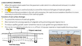 2.SUB-SURFACE DRAINAGE
◉ When the system drains water from the pavement under which it is collected and removed, it is called
subsurface drainage.
◉ Sub-surface drainage is used exclusively to control the moisture of all types of road sub-grades.
◉ if the moisture that accumulates in the sub-soil is excessive, the road structure weakens therefore it is more
necessary to control the moisture of the road sub-grade.
Functions of sub-surface drainage:
◉ To control the moisture of road sub-grades.
◉ Also maintains the carrying capacity of subgrade soil by preventing water ingress into it.
◉ To reduce capillary growth, water sometimes rises to a sub-grade from groundwater due to
◉ This can be controlled by introducing a cut-off layer of granular material or impermeable bituminous layer.
69
 
