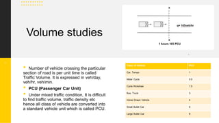 Volume studies
7
• Number of vehicle crossing the particular
section of road is per unit time is called
Traffic Volume. It is expressed in veh/day,
veh/hr, veh/min.
• PCU (Passenger Car Unit)
• Under mixed traffic condition, It is difficult
to find traffic volume, traffic density etc
hence all class of vehicle are converted into
a standard vehicle unit which is called PCU.
Class of Vehicle PCU
Car, Tempo 1
Motar Cycle 0.5
Cycle Rickshaw 1.5
Bus, Truck 3
Horse Drawn Vehicle 4
Small Bullet Car 6
Large Bullet Car 8
 